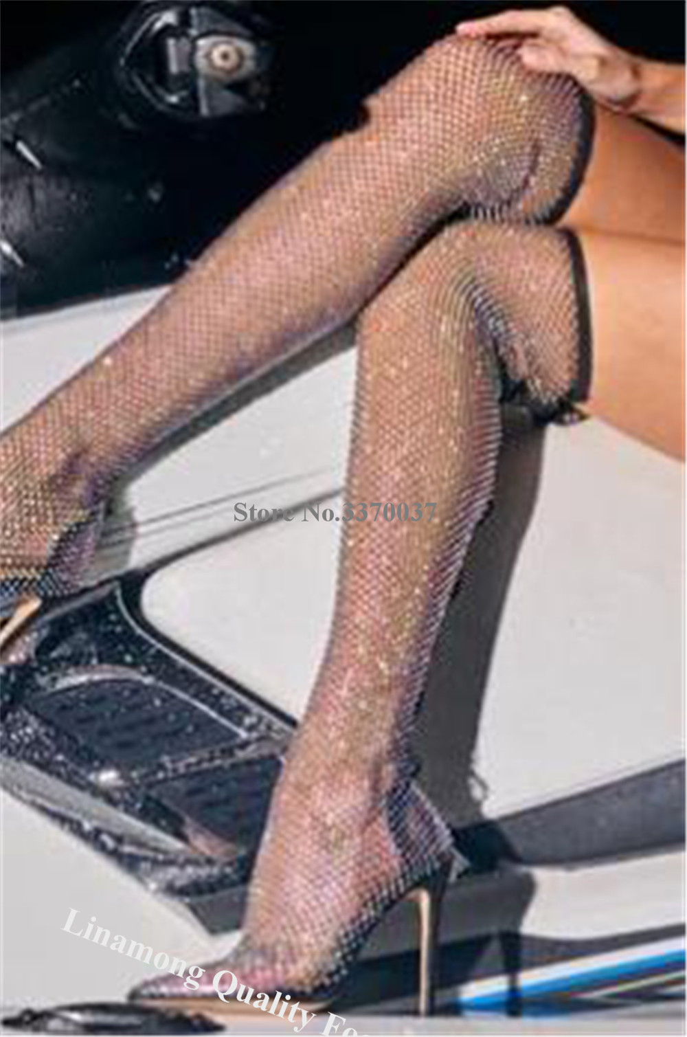Linamong Rhinestones Mesh Long - Knee High Sock Women recension och pris