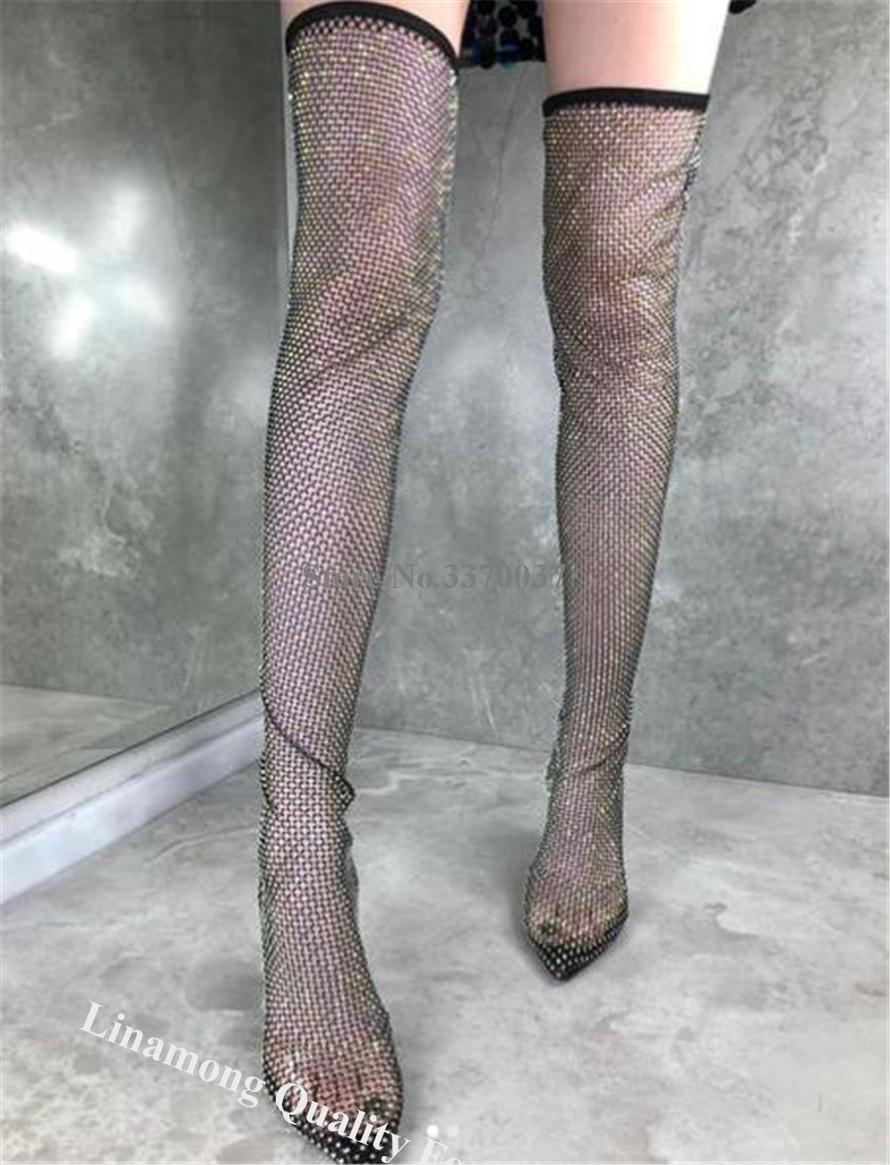 Linamong Rhinestones Mesh Long - Knee High Sock Women recension och pris